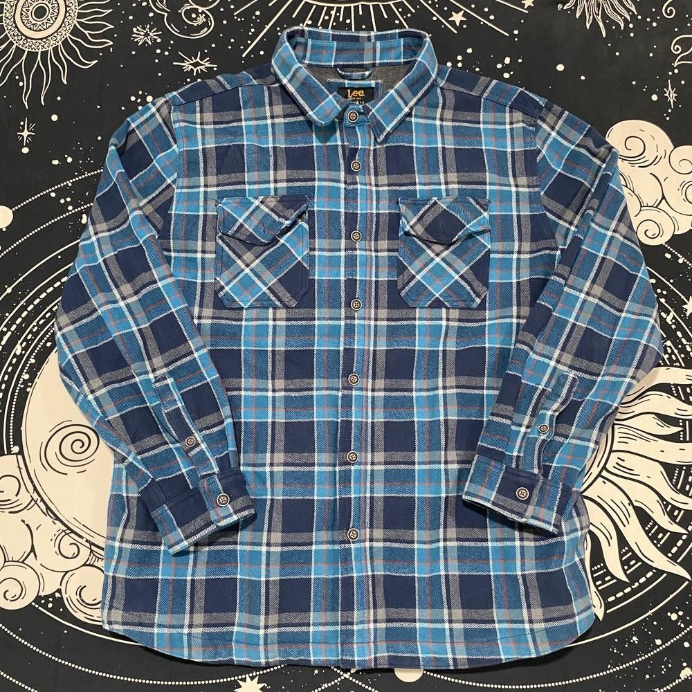 Lee Button-Up Shirt Men's 2XL Blue Plaid Cotton Flannel Thermal Outdoor Workwear